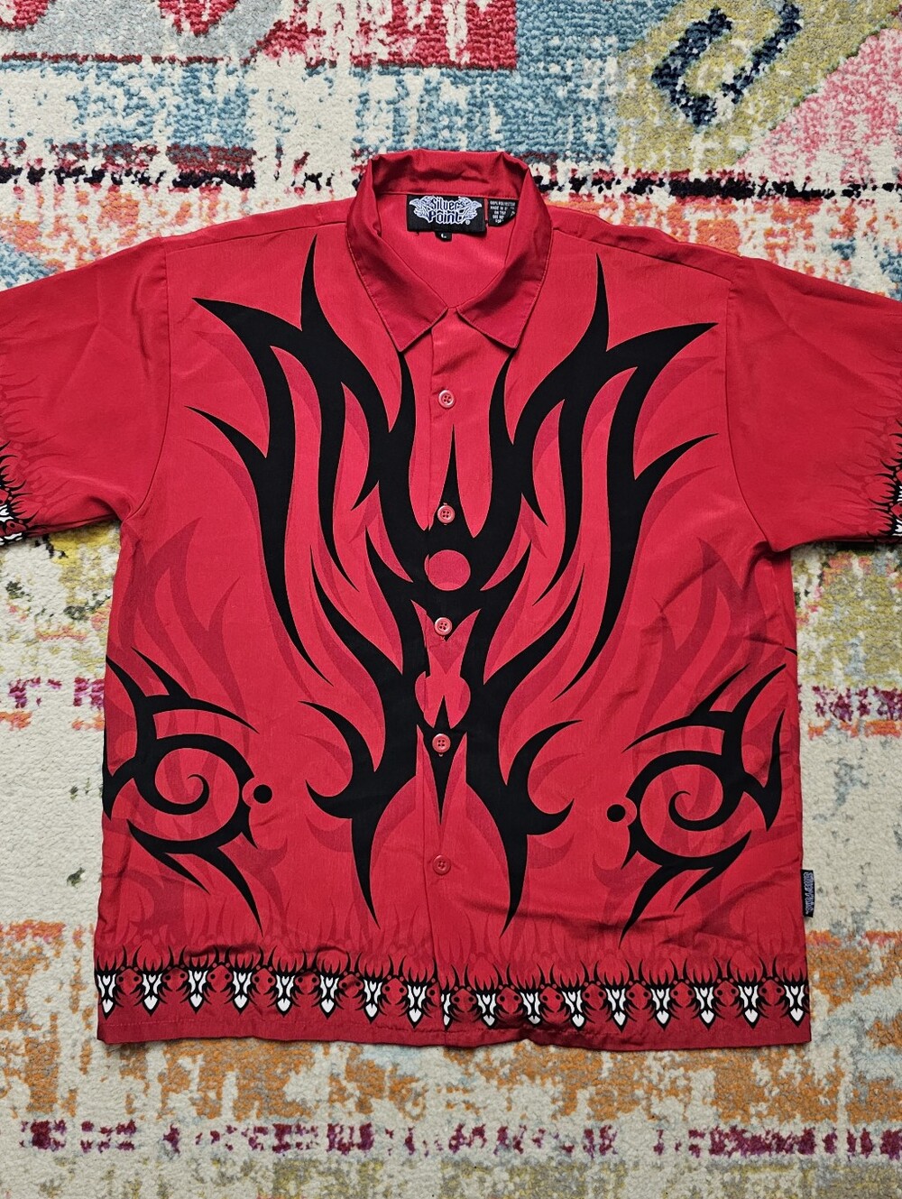 VTG Silver Point Shirt Mens Large Black Red Tribal Flames Short Sleeve Button